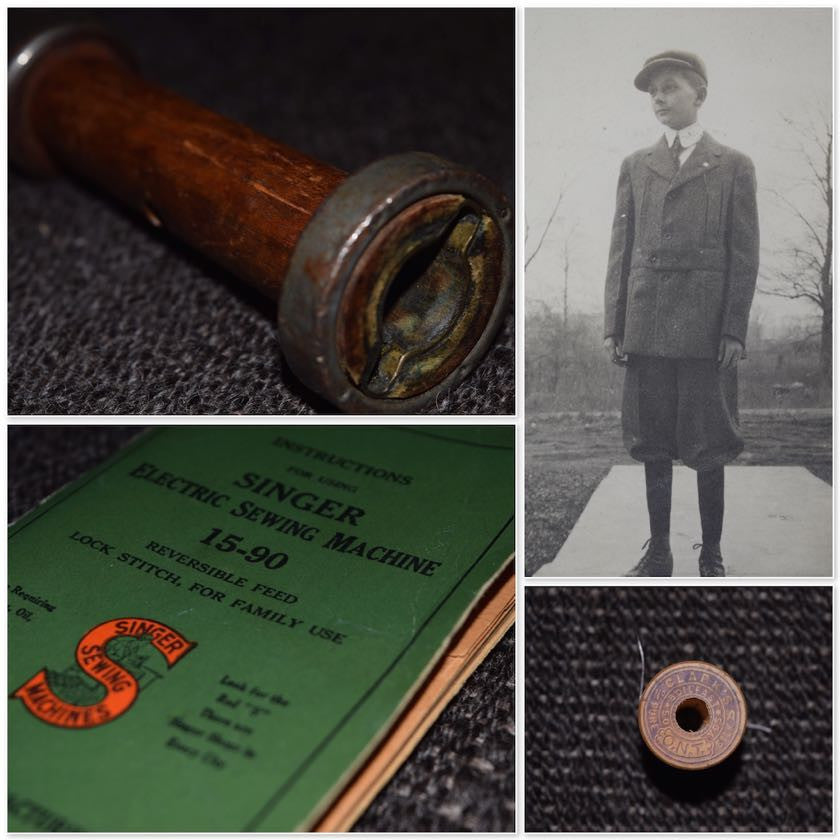 Old bobbin book spool of thread and clothing